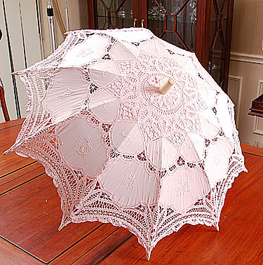 Rose Water Pink battenburg lace parasol. 16" (32" full open)